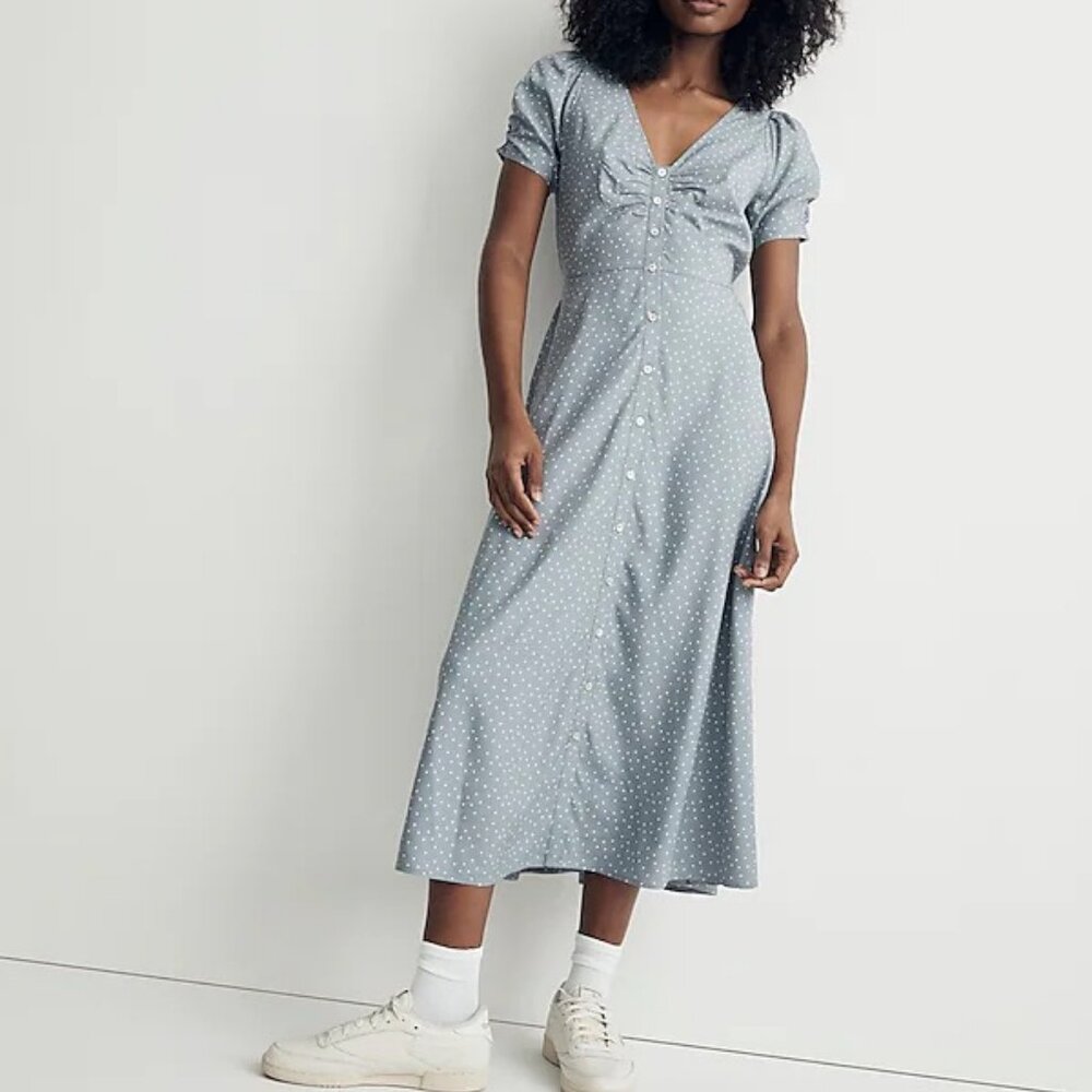 NWT Madewell Leedra Button-Front Midi Dress, Blue with White Polka-Dots, Size 6